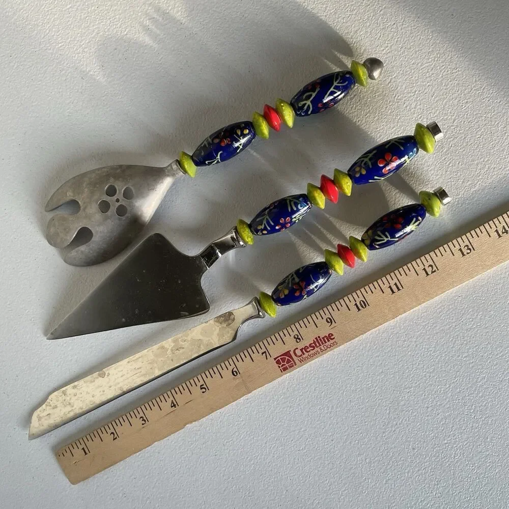 Kitchen Utensils Spoon Pie Server Knife Ceramic Pottery Handle Steel Set of 3